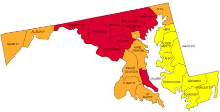 Map of Maryland showing where Radon is likely to be found